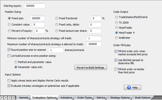 Evaluation options in Builder for a forex strategy.