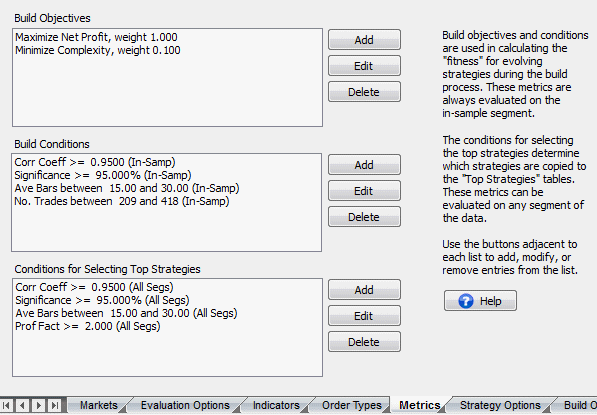 Metrics tab in Builder for an intraday forex strategy.