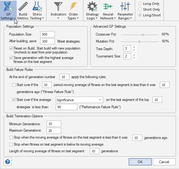 Rules for monitoring optimization in Adaptrade Builder are on the GP Settings window.
